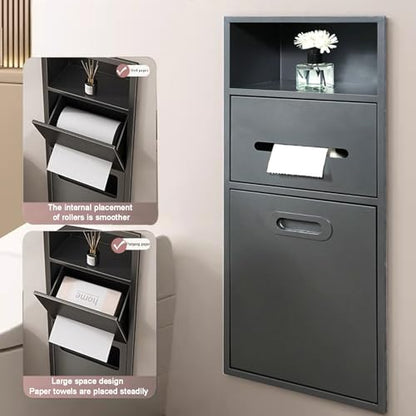 Stainless Steel Recessed Shower Nich with Built-in Trash Can(25.4X11.2IN) | Waterproof Bathroom Niche Toilet Paper Toiletries Storage Rack for Kitchen Living Room Bedroom Hotel Residential - color: Black