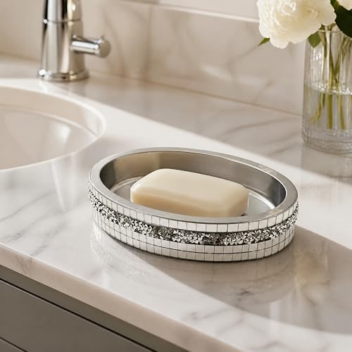 Silver Mosaic Soap Dish and Bathroom Tray, Shiny Soap Holder | Multi functional dressing table, kitchen bathroom storage tray, used for storing soap, rings, jewelry, and small accessories - size: Soap Dish