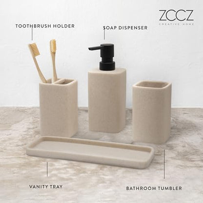 Bathroom Accessory Sets, 4 Pieces Bathroom Accessories Complete Set Vanity Countertop Accessory Set Marble Look, Includes Lotion Dispenser Soap Pump, Tumbler, Toothbrush Holder and Tray (Beige) - color: Beige