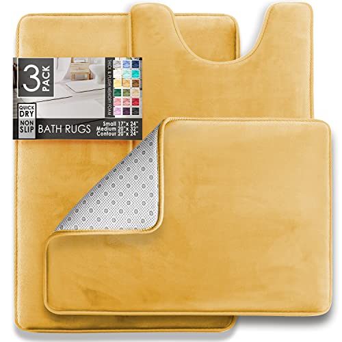 Clara Clark Bathroom Rug Set, 3 Piece Velvet Memory Foam Bath Mats with Non-Slip PVC Backing, Gold - color: Camel Gold
