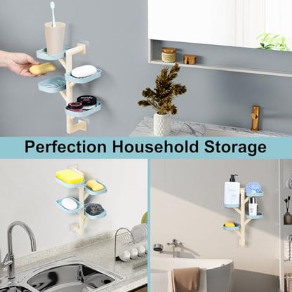 Soap Holder Four Layer Wall Mounted NO-Drilling Rotatable Self-draining Removable Soap Dish for Shower Bathroom Tray,Self Draining Sponge Holder,Razor Holder (Blue/Ecru) - color: Blue/Ecru
