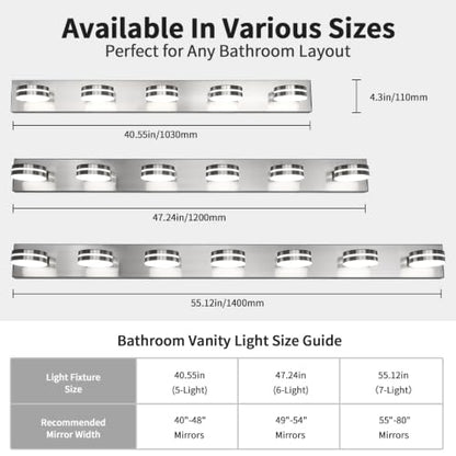 LED Brushed Nickel Bathroom Vanity Lights 5 Light 40.55in | 30W LED Bathroom Light Fixtures Over Mirror, with 360° Rotating Lamp Head, 5CCT Dimmable, Dimmer Switch Not Included - color: Nickel-5CCT-Dimmable