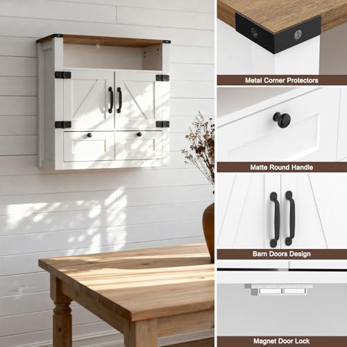 M METERXITY 23.6" W Farmhouse Bathroom Wall Cabinet with Mirror, Wall Mount | Over the Toilet Storage, Wooden Medicine Cabinet with Barn Doors, Space Saver, Kitchen, Laundry, Entrance,White Walnut