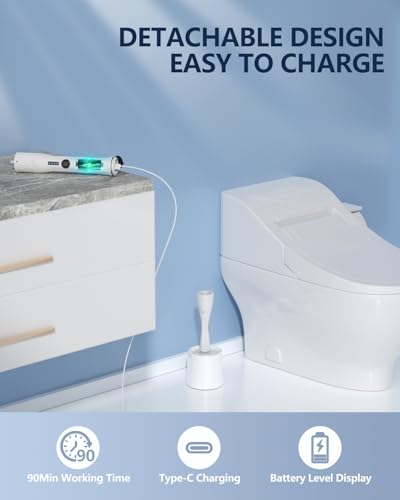 Leebein Electric Toilet Brush and Holder Set, Electric Toilet Bowl Scrubber Kit with 8 Replaceable Brush Heads, Disposable Toilet Brush with 6 Wand Cleaner Refills, 2 Pcs Crevice Cleaning Brush - color: White2
