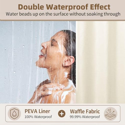 Siiluminisoy Shower Curtain and Liner Set, Waffle Shower Curtain Set with 12 Stainless Steel Hooks, Waterproof Luxury Fabric Shower Curtains for Bathroom and Hotel, Cream, 72" W x 84" H - color: Cream, size: 72"W x 84"L (Pack of 1)