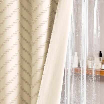 Boho Shower Curtain and Liner Set, Tufted Chevron Textured Tassel Shower Curtains for Bathroom and Waterproof Liner with Hook, 72" W x 78" L (Pack of 1), Beige 1 - color: Beige, size: 72"W x 78"L (Pack of 1)