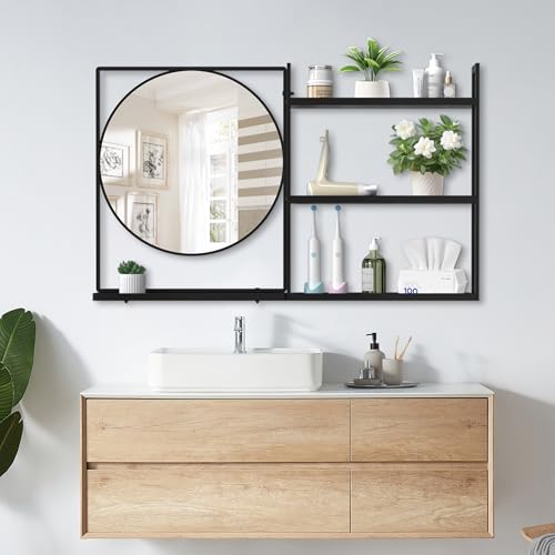 Bathroom Mirror with Shelf 40" x 24.4" Wall Mirror with Storage | Black Metal Framed Bathroom Vanity Mirror with Storage Rectangular Wall Mounted Mirror for Over Sink Entryway Easy to Install - color: Black, size: 24.4"L x 40"W