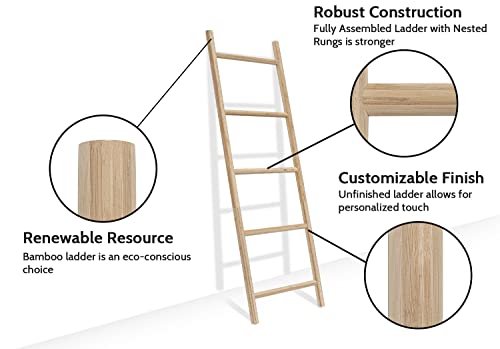 FUIN Blanket Ladder, 57in Rustic Bamboo Decor Quilt Display Rack | 5 rungs, farmhouse living room holder, organize clothing and scarf, leaning wall, bathroom and bedroom use