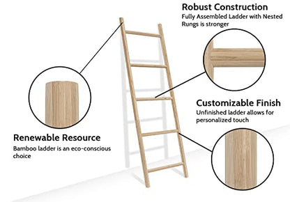 FUIN Blanket Ladder, 57in Rustic Bamboo Decor Quilt Display Rack | 5 rungs, farmhouse living room holder, organize clothing and scarf, leaning wall, bathroom and bedroom use
