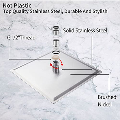 Rain Shower Head Brushed Nickel with Extension Arm 12 Inch Square Shower Head with 16 Inch Shower Arm Large Stainless Steel Rainfall Showerhead Waterfall Full Body Coverage by GGStudy - color: Brushed Nickel, size: 12inch