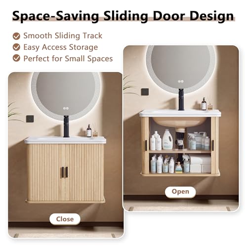 24 Inch Floating Bathroom Vanity with Sink, Wall Mounted Bath Vanity Combo with Fluted Sliding Doors, Small Space Bathroom Cabinet with Ceramic Vessel Sink, Faucet & Drain Included (Natural Oak)