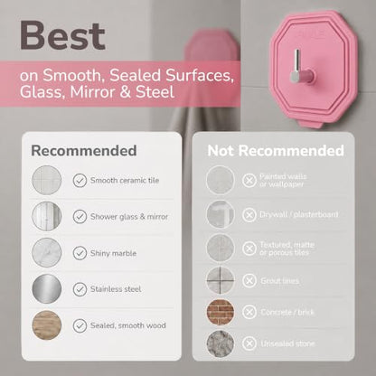 SILKLE Silicone Shower Hooks for Inside Shower, 2-Pack Adhesive Towel Hooks | Adhesive Shower Hooks, No Drill - Razor & Loofah Holders for Shower Wall, Heavy-Duty, Waterproof, Damage-Free - Pink - color: Pink
