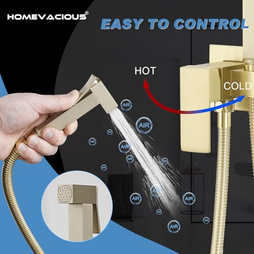 Homevacious Bidet Sprayer for Toilet Adjustable Water Pressure Square Brass | Bidet Attachment Set for Feminine Pets and Baby Diaper Washing Brushed Gold - color: Brushed Gold