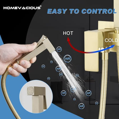 Homevacious Bidet Sprayer for Toilet Adjustable Water Pressure Square Brass | Bidet Attachment Set for Feminine Pets and Baby Diaper Washing Brushed Gold - color: Brushed Gold