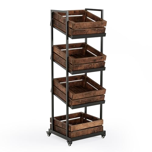 LITTLE TREE 4-Tier Basket Stand with Locked Wheels, Mobile Fruit and Vegetable Storage, Floor Stand Rack, Utility Shelf, for Kitchen, Living Room, Pantry (Rustic Brown) - color: Rustic Brown, size: 4-Tier