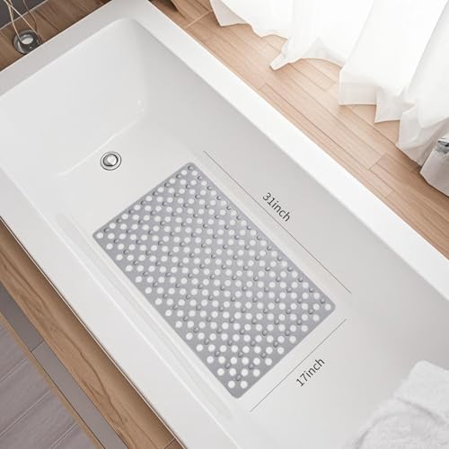 Non Slip Bathtub Mat and Shower Mat 31x17 inch,Bath Mat with Quick Dry Drain Holes and Suction Cups, Soft Comfortable Safe Bathroom Mat for Bath Tub, Floor, Tile (Grey) - color: Grey
