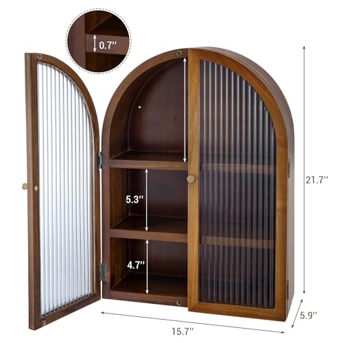 MyGift Medicine Cabinet, Arched Wall Cabinet, Bathroom Medicine Wall Mounted Cupboard, Mid Century Style Floating Storage Cabinet with Glass Door, Natural Acacia Wood