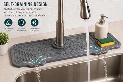Silicone Faucet Mat for Kitchen Sink – Self Draining Splash Guard with Sponge Holder, Anti-Slip Countertop Protector, Quick-Dry Drip Catcher Tray, 17” Gray