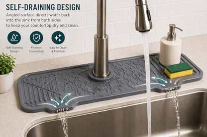 Silicone Faucet Mat for Kitchen Sink – Self Draining Splash Guard with Sponge Holder, Anti-Slip Countertop Protector, Quick-Dry Drip Catcher Tray, 17” Gray