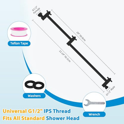 All-Metal 20" Shower Head Extension Arm, G1/2" Universal/Adjustable, Black | Flexible Brass Shower Extender Height/Angle Adjustable for Tall People, Stainless Steel Shower Pipe Extended with Lock Joint - color: Matte Black, size: 20 Inch