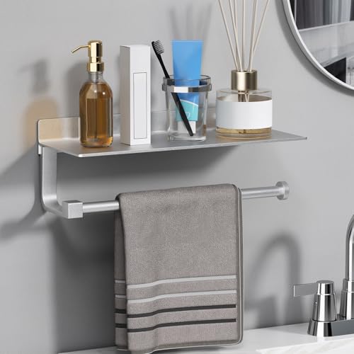 Wall Mount Paper Towel Holder with Shelf for Bathroom/Kitchen, Adhesive Hand Towel Holder, Matte Silver - color: Silver