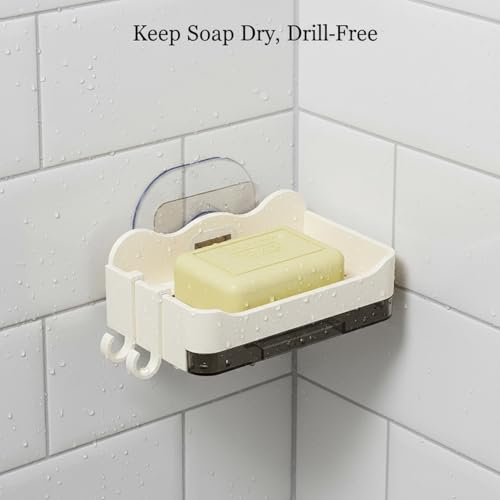 Double Layer Soap Dish with Suction Cup, No Drill Wall Mount Holder for Shower and Sink, PP Plastic Drainage Tray (1 PC) - color: White
