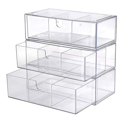Acrylic Pencil Drawer with Removable Dividers Clear Pull Out Pen Drawer Organizer Stackable Bathroom Organizer for Makeup, Cosmetics, Office Supplies,3 Pack