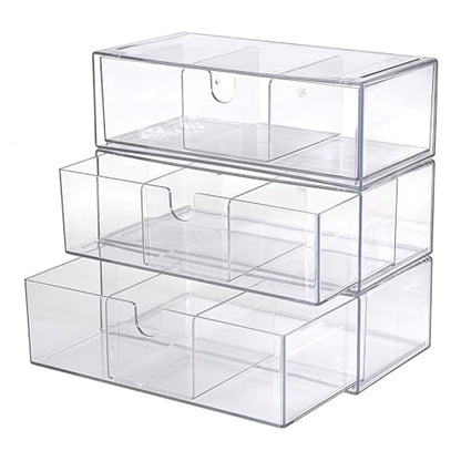 Acrylic Pencil Drawer with Removable Dividers Clear Pull Out Pen Drawer Organizer Stackable Bathroom Organizer for Makeup, Cosmetics, Office Supplies,3 Pack