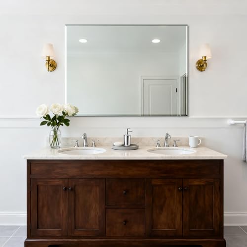 Ruomeng Frameless Mirror for Wall, 48x36 Inch Bathroom Vanity Mirror Farmhouse, Large Rectangle Mirror with Beveled Edge, Tempered Glass, Hangs Horizontally or Vertically - size: 48"L x 36"W