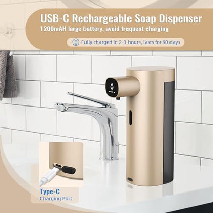 Automatic Liquid Soap Dispenser Touchless, USB Rechargeable Smart Hand Soap Dispenser, 13.5oz/400ml, 3-Level Adjustable, Compatible with Thick Thin Dish Soap for Bathroom Kitchen, Clog-Free (Gold) - color: Gold