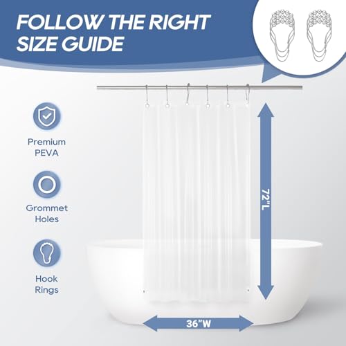 downluxe Clear Shower Curtain Liner with Hooks, Plastic Shower Liner, 36" W x 72" L Lightweight Shower Curtains for Bathroom(6 Hooks, 1PC) - color: Clear With Hooks, size: 36"W x 72"L (Pack of 1)