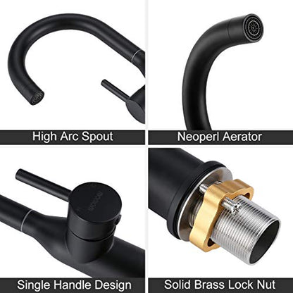 WOWOW Black Bathroom Faucet - Stainless Steel Single Handle Bar Sink High Arc Lavatory Mixer - Small Kitchen Tap With Supply Hoses - color: Black