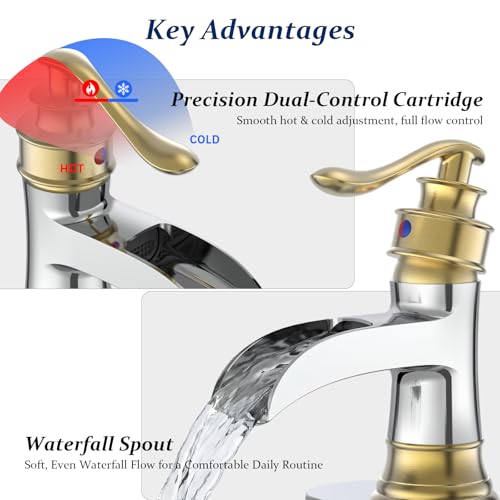 BWE Brass Waterfall Bathroom Faucet, Brushed Gold & Chrome for Modren Style | Wide Waterfall Spout, Ceramic Cartridge, Fits 1 or 3-Hole Sink, Single Handle, Hardware Kit Included, Not for Vessel Sink - color: Chrome & Gold