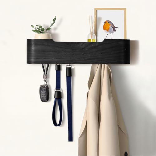 Coat Rack Wall Mount with Hidden Hooks, Wall Hooks with Shelf, Wall Key Holder Mount Wooden Shelf Entryway Hooks for Bedroom Bathroom for Hanging Coats Hats Bags Towels (Black, 4 Hooks) - color: Black, size: 4 Hooks