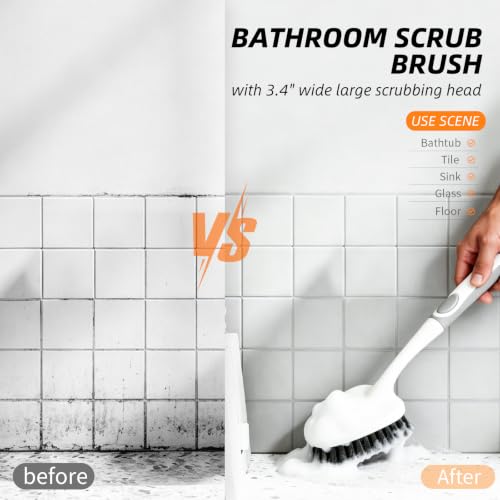 3 Pack Shower Cleaning Brush Set with Grout Cleaning Brush and Squeegee | Stiff Bristles, Ergonomic Handle, Heavy Duty Scrub Brush for Cleaning Bathroom, Shower, Bathtub, Floor, Grout, Tile, Sink