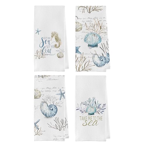 Bluey Coastal Dish Towels Set - Seashell Waffle Weave Kitchen Towels, Ocean Themed Hand Tea Towels, Preppy Seashell Coastal Bathroom Decor (16x24 Inches Set of 4) - color: Nautical J