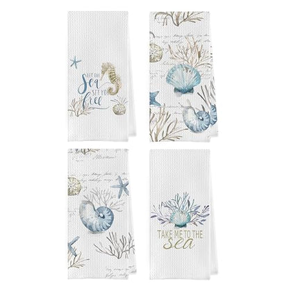 Bluey Coastal Dish Towels Set - Seashell Waffle Weave Kitchen Towels, Ocean Themed Hand Tea Towels, Preppy Seashell Coastal Bathroom Decor (16x24 Inches Set of 4) - color: Nautical J