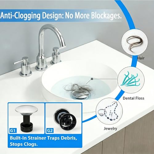 Bathroom Sink Drain Without Overflow- Chrome Pop up Drain for Bathroom Vanity Vessel Sink Drain Stopper - Anti-Clog Pop-up Plastic Drain with Hair Catcher Strainer - color: Chrome