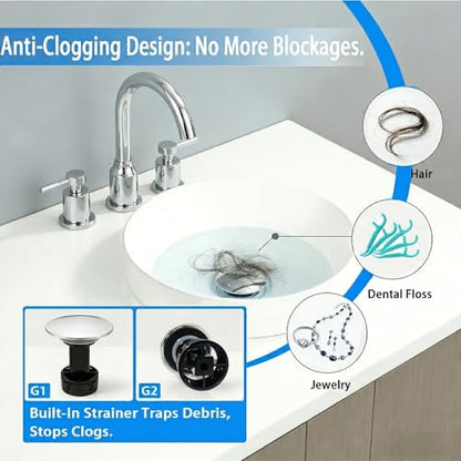 Bathroom Sink Drain Without Overflow- Chrome Pop up Drain for Bathroom Vanity Vessel Sink Drain Stopper - Anti-Clog Pop-up Plastic Drain with Hair Catcher Strainer - color: Chrome