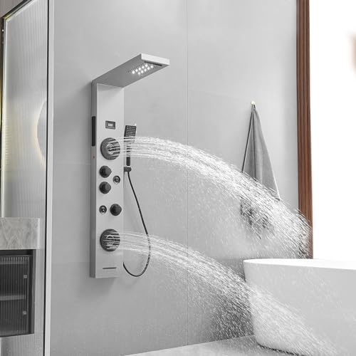 BWE Stainless Steel Shower Panel Tower System,LED Rainfall Waterfall Shower Head,4 Massage Body Jets,3 Functions Handhels Shower and Waterfall Tub Spout,Wall Mounted Shower Panel with Temp Display - color: Brushed Nickel and Black