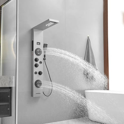 BWE Stainless Steel Shower Panel Tower System,LED Rainfall Waterfall Shower Head,4 Massage Body Jets,3 Functions Handhels Shower and Waterfall Tub Spout,Wall Mounted Shower Panel with Temp Display - color: Brushed Nickel and Black