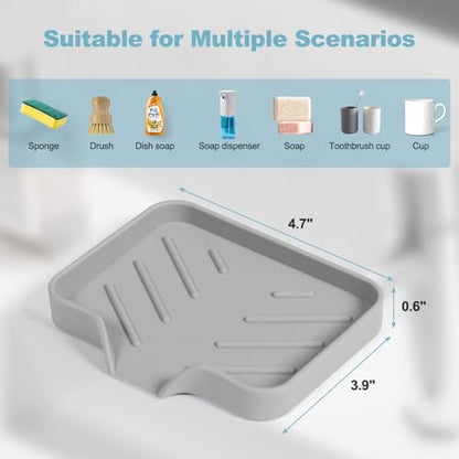 Silicone Soap Dish with Drain Holes, Quick-Dry Soap Holder for Kitchen & Bathroom Sink, Self Draining Kitchen Sponge Tray, Keeps Counter Dry, Easy Clean Soap Saver (Gray, 4.7" x 3.9")