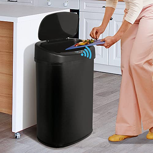 Kitchen Trash Can, 13 Gallon Automatic Can with Lid and Motion Sensor Home Office Bedroom Bathroom Living Room, Garbage Touchless Stainless Steel BLACK, 17.3 x 13 x 23.6 - color: BLACK