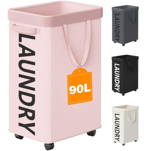 Optish Pink Laundry Basket with Wheels, Dorm Room Essentials Girl, 90L Rolling Laundry Hamper with Wheels, Large Clothes Hamper on Wheel with Removable Mesh Bag for Bedroom, Dorm - color: Pink, size: 90L (24Gal)