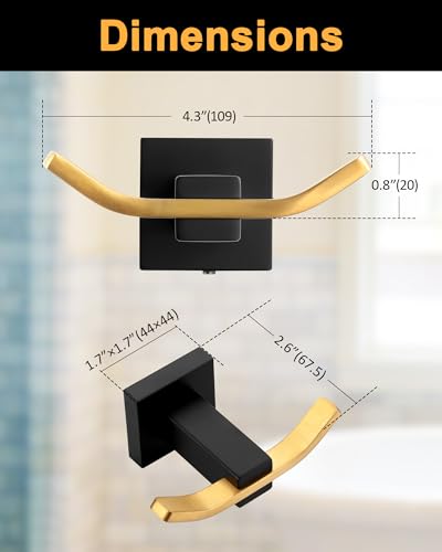 WOWOW Towel Hooks for Bathrooms Black and Gold, SUS304 Stainless Steel Coat Hook, Bathroom Robe Towel Holder, Heavy Duty Robe Hooks, Bathroom Double Towel Hooks for Coats, sponges, Wall Mount - color: Black and Gold