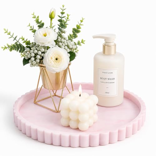 Silicone Bathroom Vanity Trays for Counter - 9.1 Inch Round Small Bathroom Tray with Scalloped Edge, Coffee Table Decor, Decorative Tray for Candle Key Skincare Perfume Storage, Marble White Pink - color: Marble White Pink, size: 9.1"