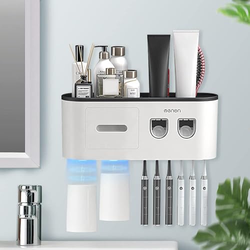 Toothbrush Holders Wall Mounted, Toothbrush Holder with Automatic Toothpaste Dispensers, 6 Brush Slots, 2 Magnetic Cups,1 Cosmetic Drawer Organizer and 1 Large Storage Tray - size: Black 2 Cups