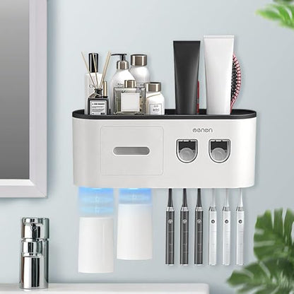 Toothbrush Holders Wall Mounted, Toothbrush Holder with Automatic Toothpaste Dispensers, 6 Brush Slots, 2 Magnetic Cups,1 Cosmetic Drawer Organizer and 1 Large Storage Tray - size: Black 2 Cups