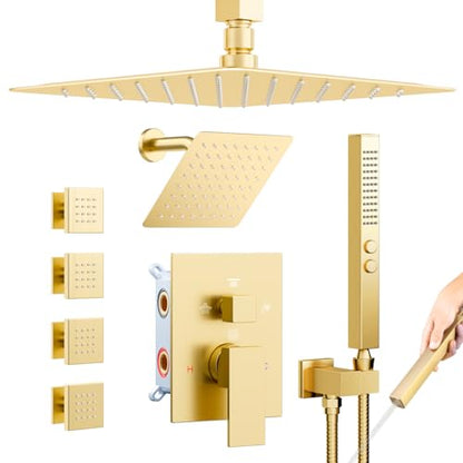 Shower System with Body Jets, Bostingner 4 Way Shower Faucet with 2 in1 Handheld,Ceiling Mount 10 Inch Shower Head and 6 Inch Shower Head,4Pcs Body Jets With Dual Head Shower Set Brushed Gold - color: Gold, size: 6+10 inch