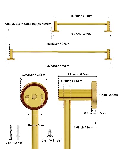 Gold Towel Bar for Bathroom, Stainless Steel Shower Towel Rod | Adjustable Length 16 to 27.6 Inch, Wall Mounted Towel Holder with S Hooks for Washroom Kitchen, Extendable Single Towel Rack - color: Gold